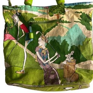 Green Canvas Tote Bag with Golf Print